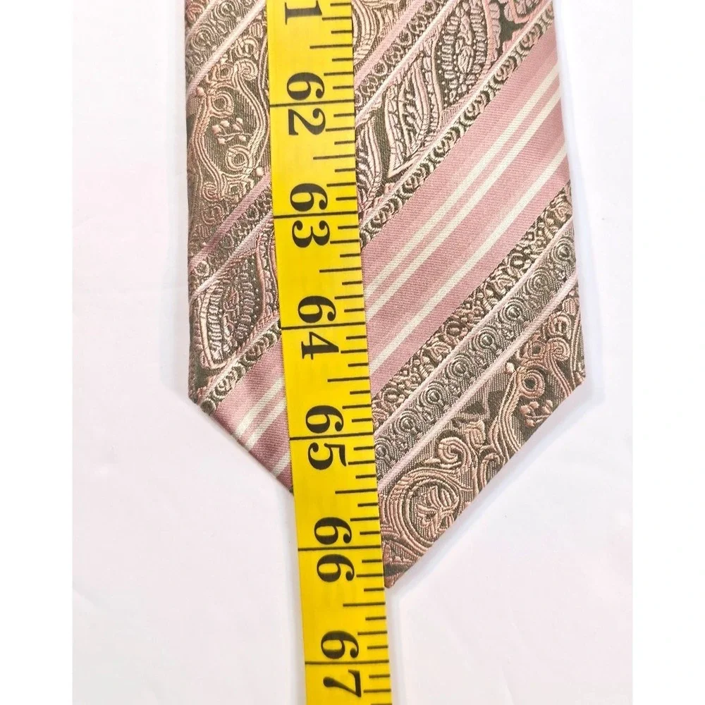 Bruno Pirttelli Silk Tie Pink Gray Paisley Stripe XL Made USA With Pocket Square
